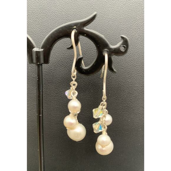 Dainty Silver Plated AB Crystal & Pearl Dangle Earrings - Picture 1 of 4